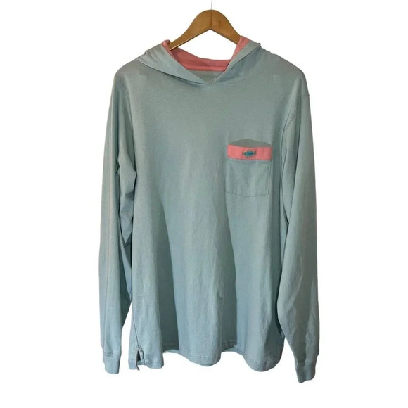 Saltwater Long Island Hooded Pullover XL Embroidered Fish Front Pocket Blue Pink - Picture 1 of 4